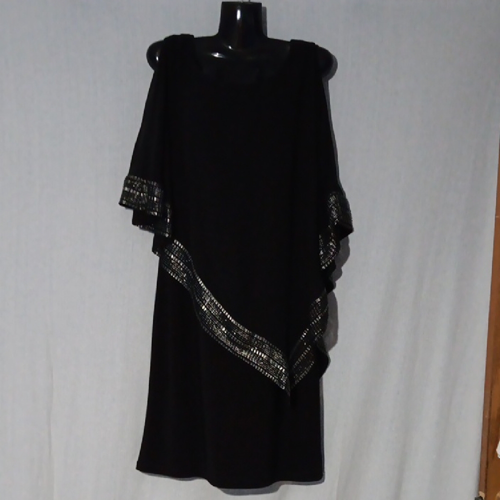 Ignite Evenings New York Black Dress Assym Cape Silver Trim Open Shoulder 10